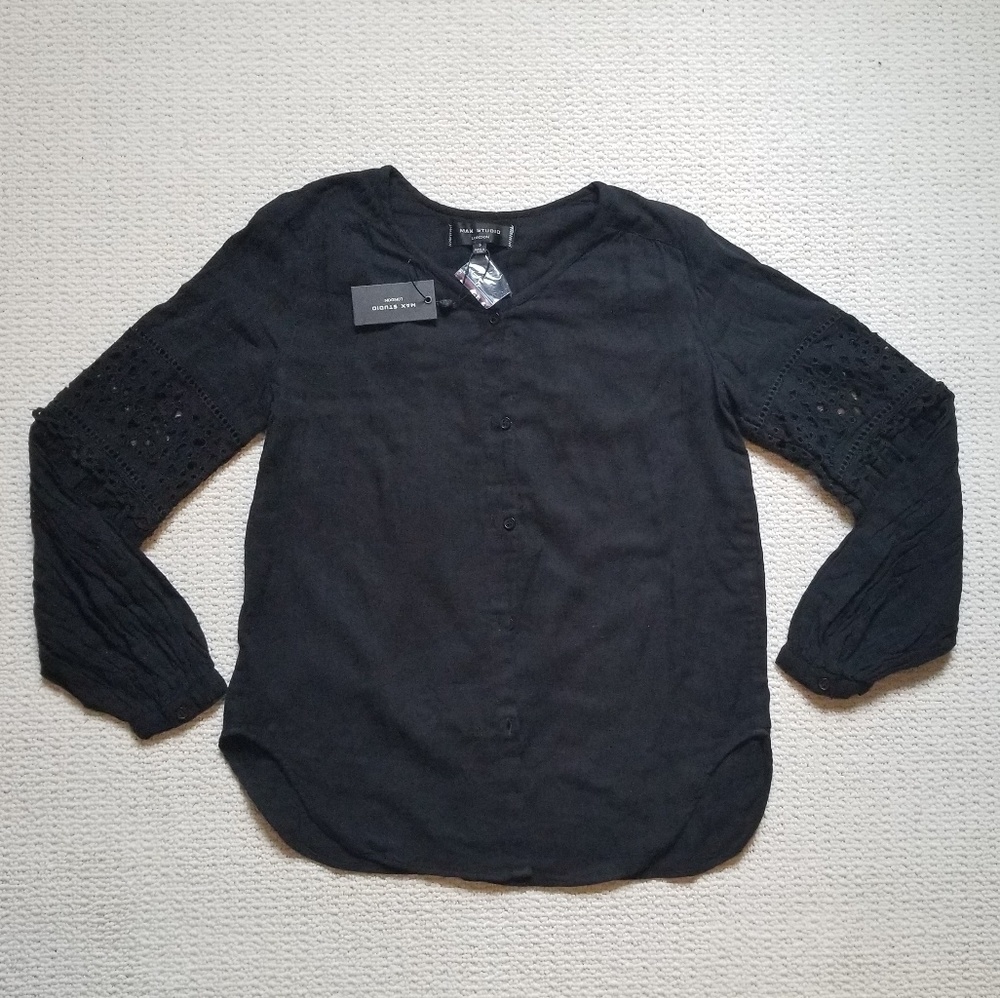 Max Studio Sylvie black lace sleeve boho shirt size small